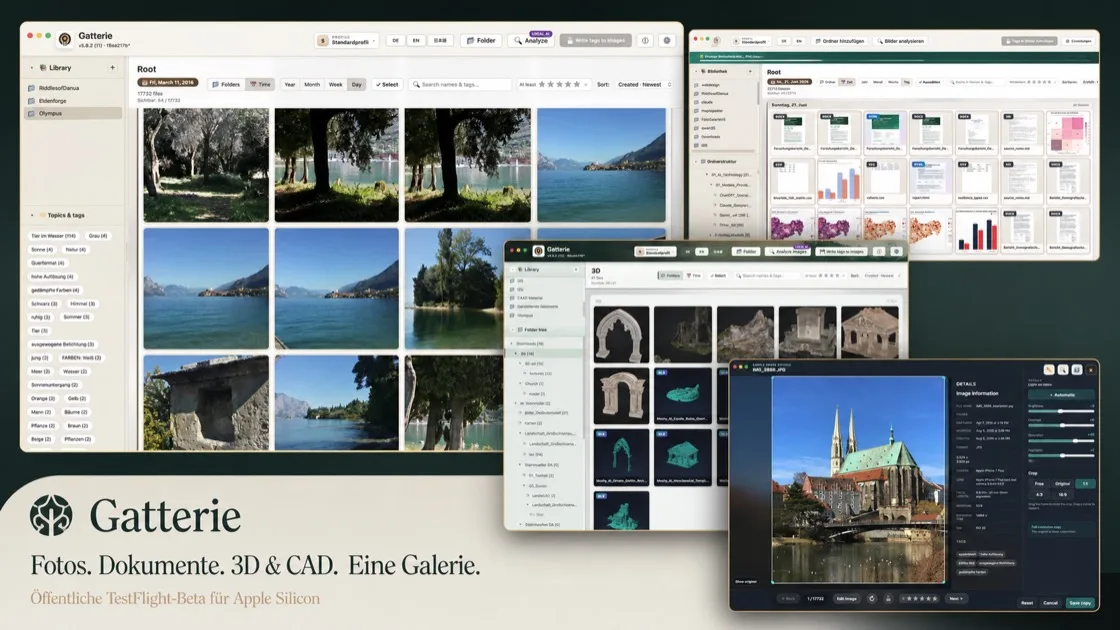Gatterie zeigt Fotos, Dokumente sowie 3D- und CAD-Dateien in einer Galerie
