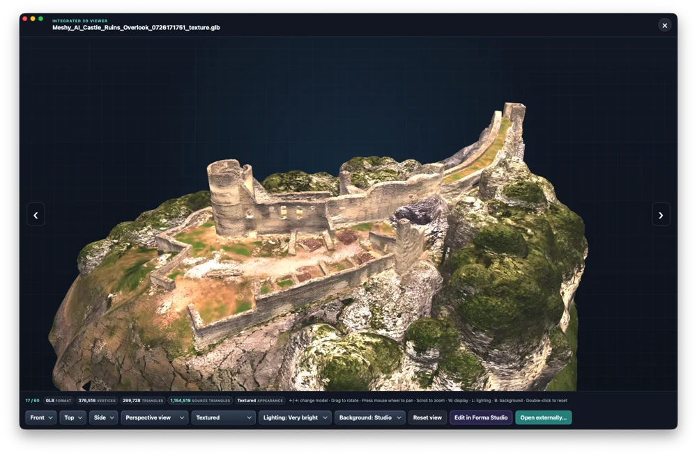 Burgruine als GLB-Modell im integrierten 3D-Viewer von Gatterie