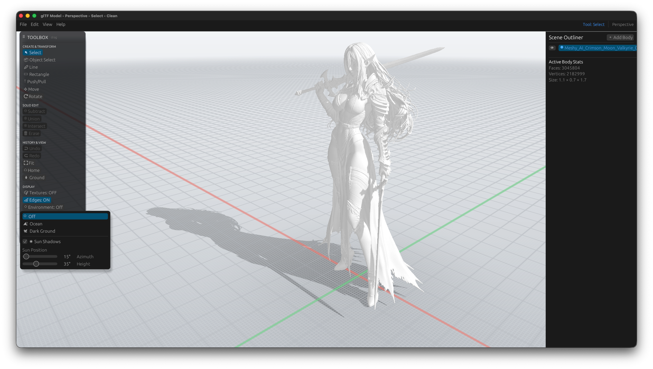 White character model on a clean grid with sunlight and shadows