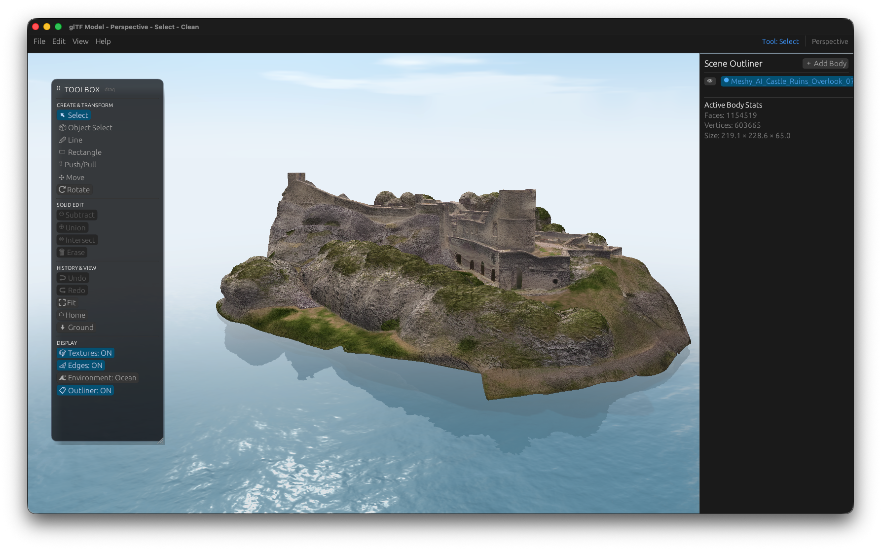 Large textured castle-ruins island in the Ocean environment