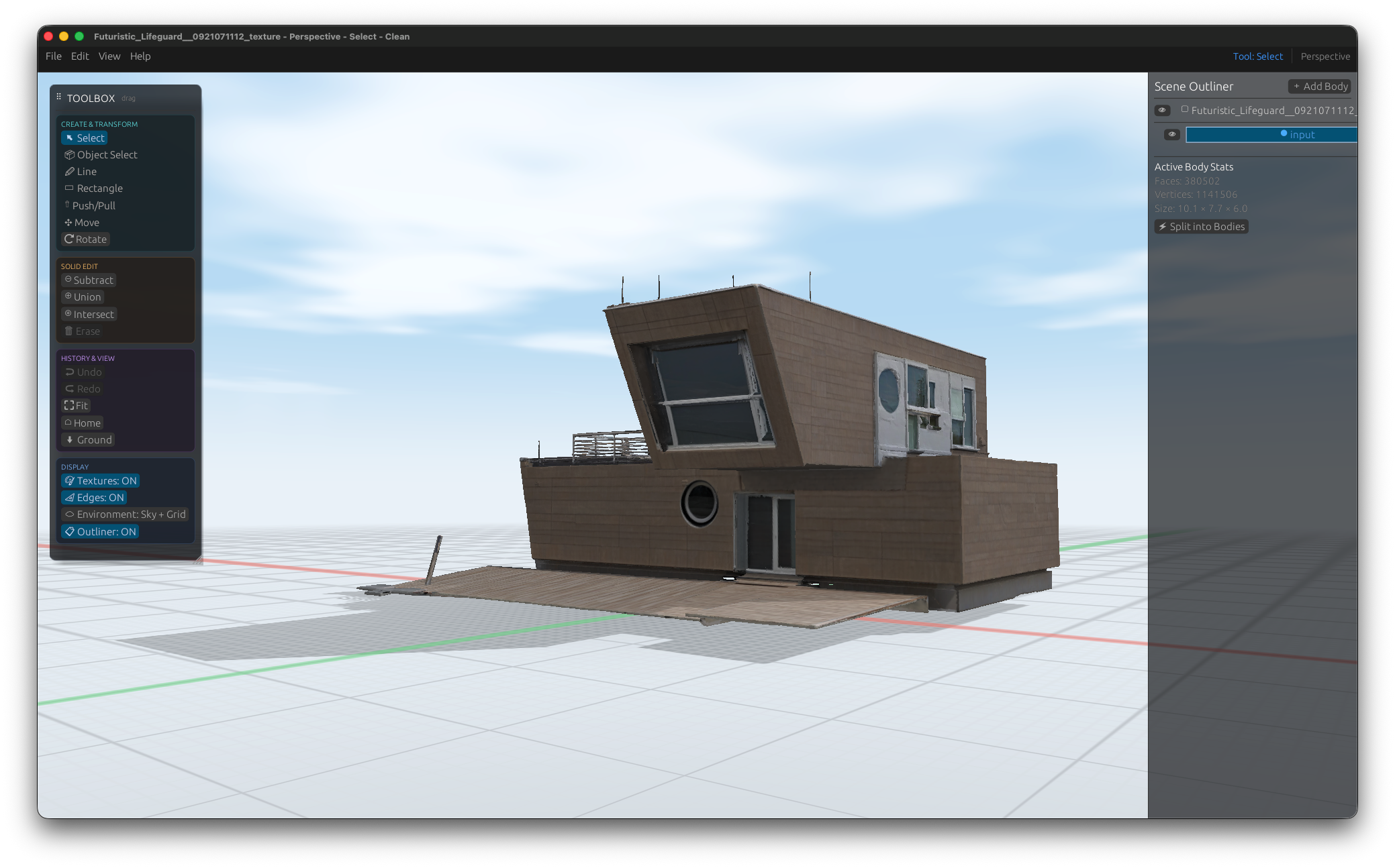 Mocca Studio showing a textured futuristic building in the bright studio environment